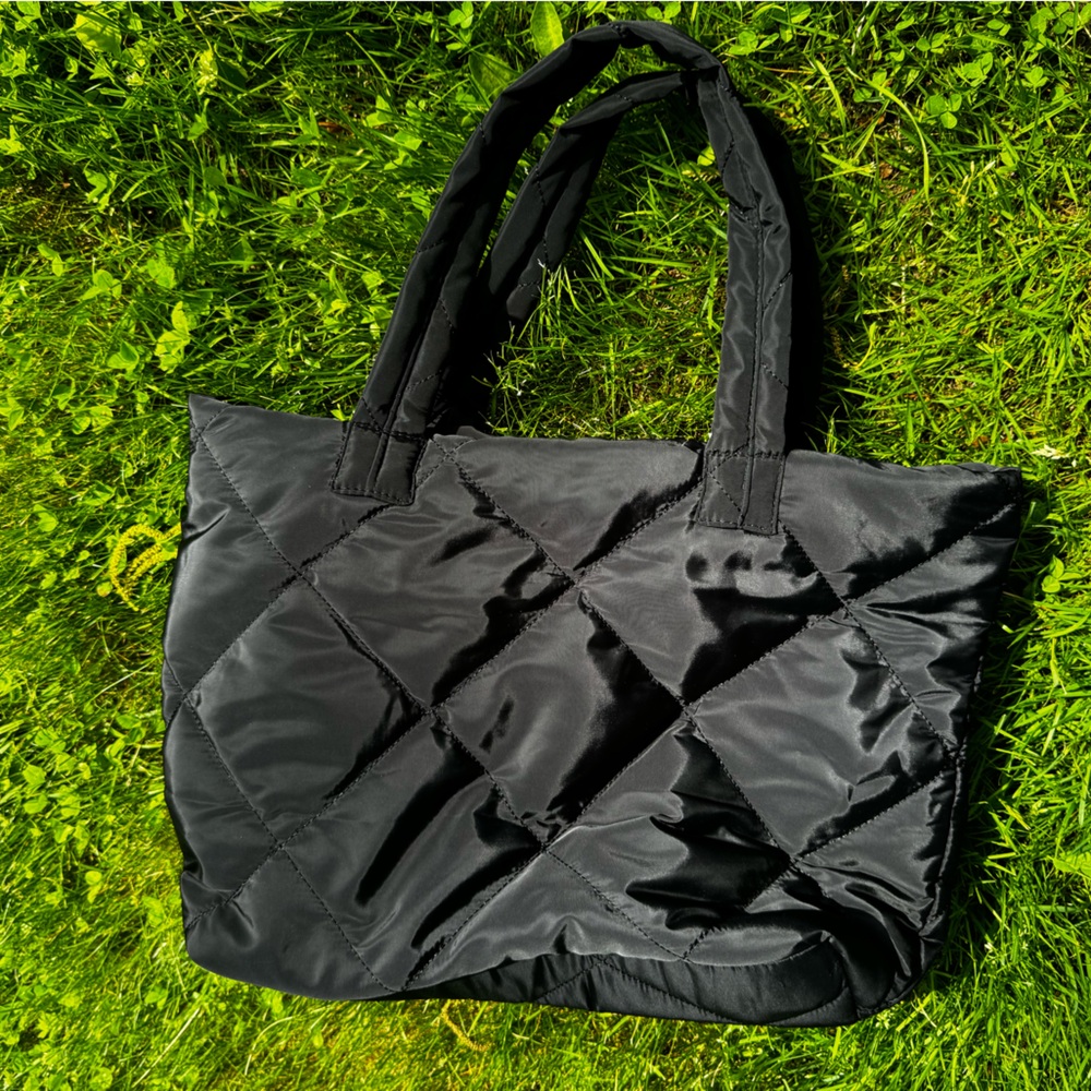 Modern Chic Nylon Black Quilted Tote Bag